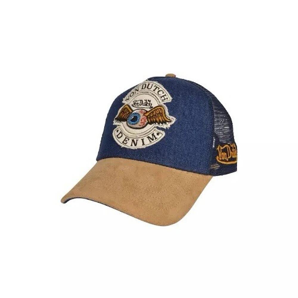 NWT VON DUTCH Dark Blue Denim/Khaki Suede Trucker Hat Snapback Cap Western Rodeo